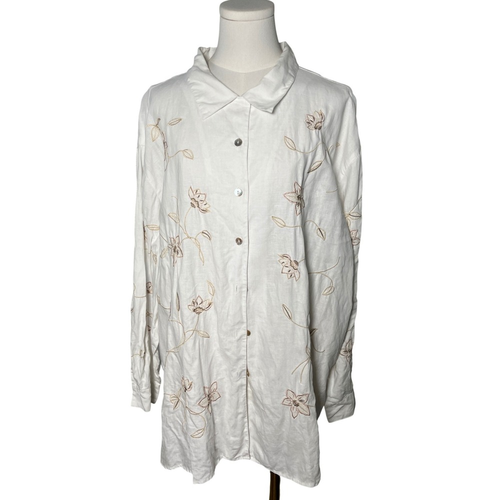 CB Studio Linen 1X Oversized Blouse‎ Embroidered Floral Cottagecore Boho
